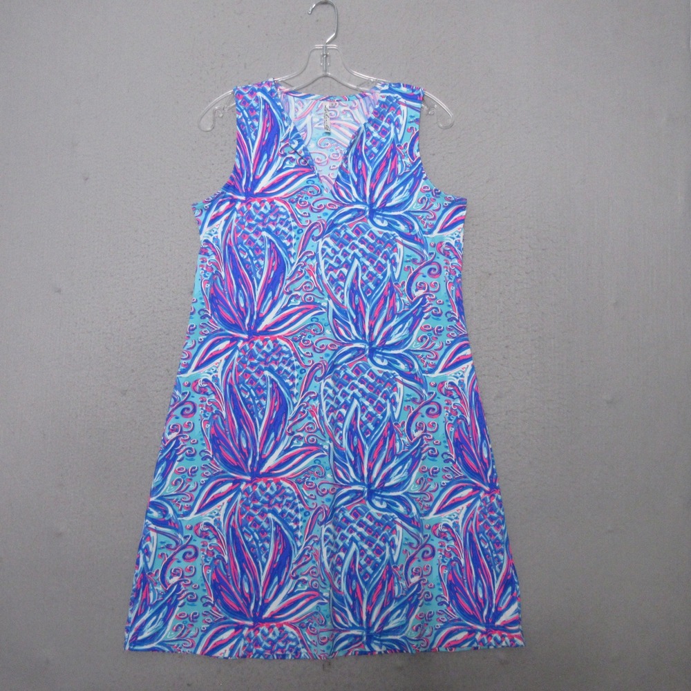 Lulu-B Dress Pineapple Blue Pink Shift Tropical Beach Resort Vacation Coastal
